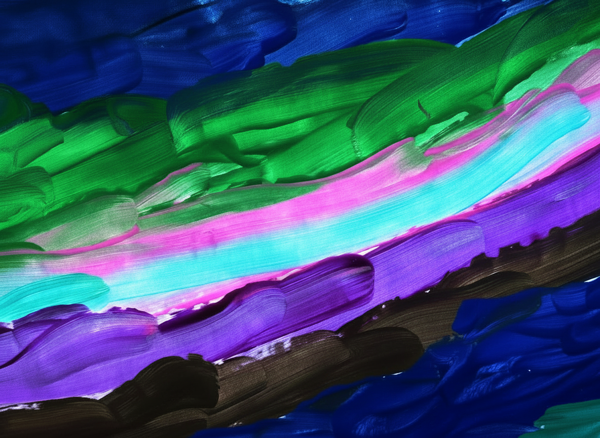 Take this abstract painting with bold diagonal brushstroke bands and make the colors intensely neon and glowing — electric neon blue, neon green, hot neon pink/magenta, bright neon purple, neon cyan. The paint should appear to emit light like neon signs or blacklight art. Keep the exact same composition, brushstroke style, and diagonal band arrangement as the original image. Only change the colors to be blazing neon — extremely high saturation, luminous glow effect. The background should remain dark.
